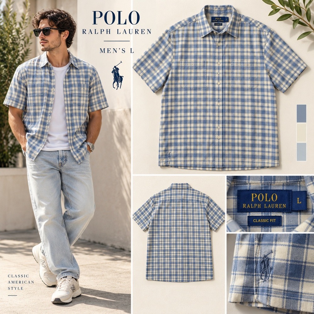 Polo Ralph Lauren Mens L Blue Plaid Short Sleeve Button Down Classic Fit Shirt